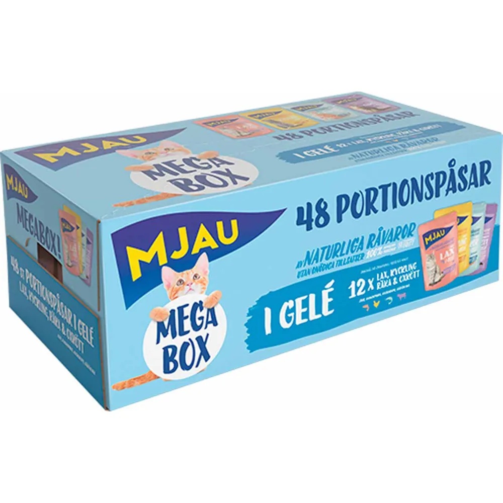 Mjau Megabox laks-kylling-reker-oksekju00f8tt pouches